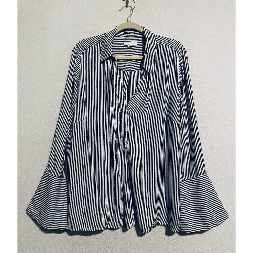 Beach Lunch Lounge Top Womens 1X Blue White Striped Popover Bell Sleeve Boho